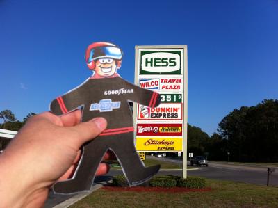 Flat Stanley at Hess Gas Station: Flat Stanley stops at gas station in South Georgia on his way to race in Saint Augustine.